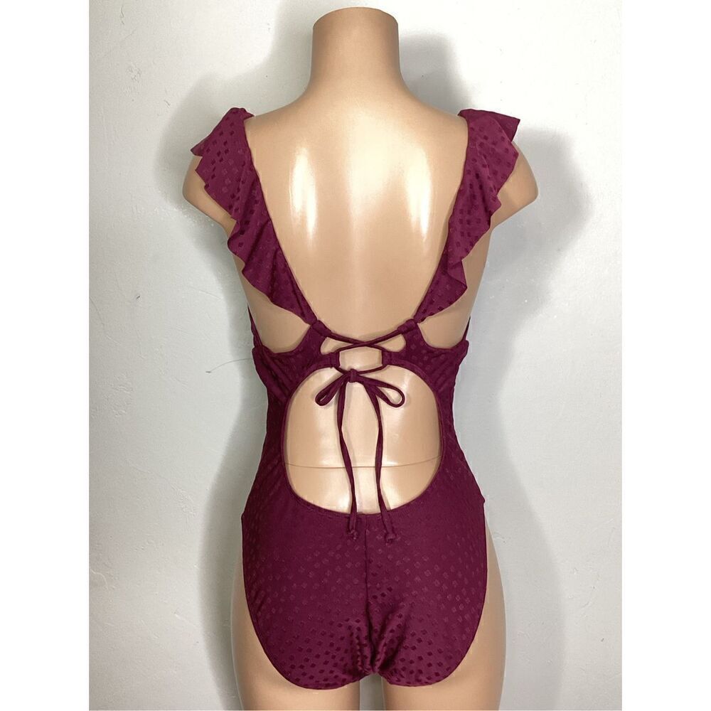 New. Robin Piccone plum ruffle one piece. Size 14. Retails $168 - Picture 6 of 13